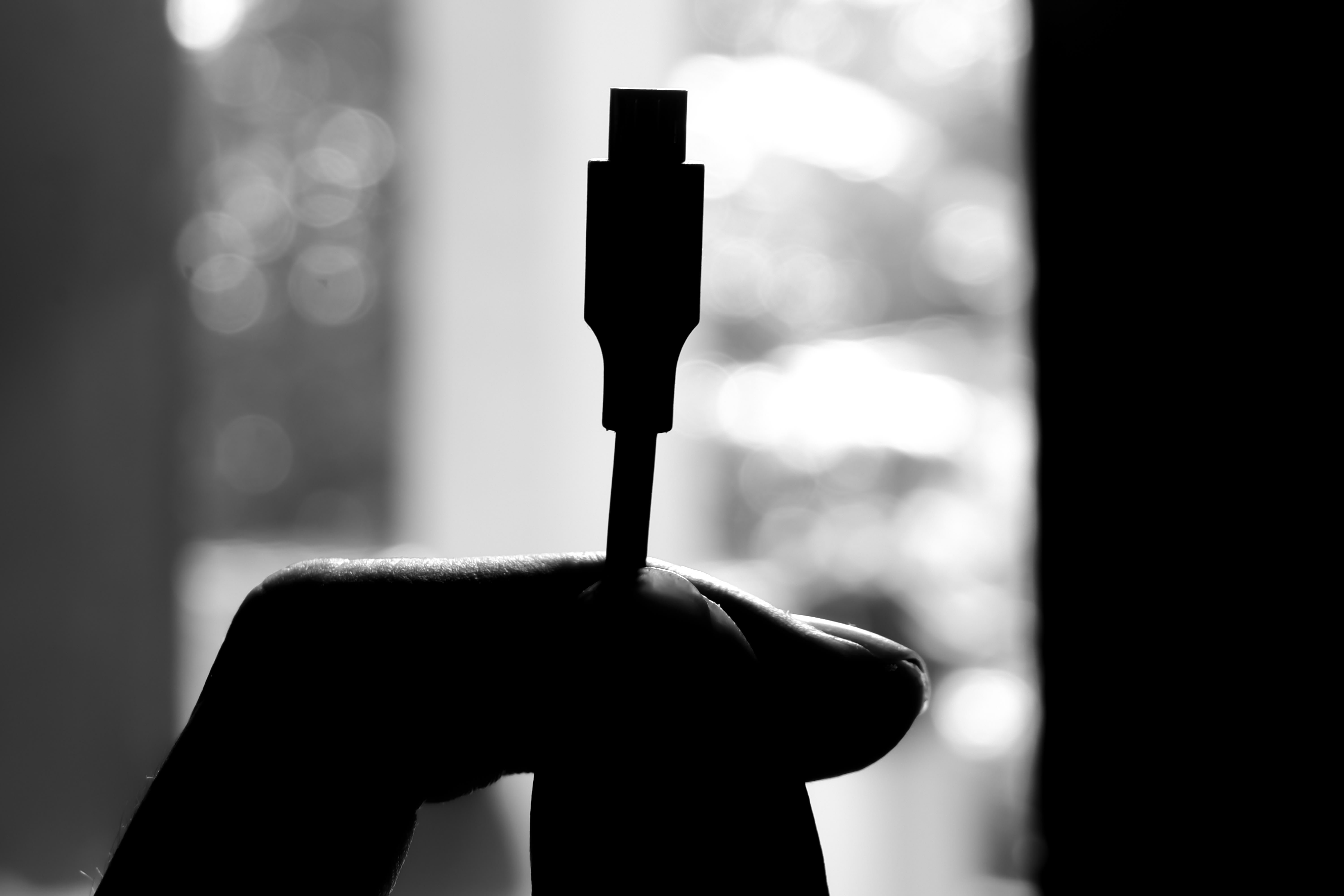 Câble USB-C en noir et blanc tenu par une main - © Shutterstock