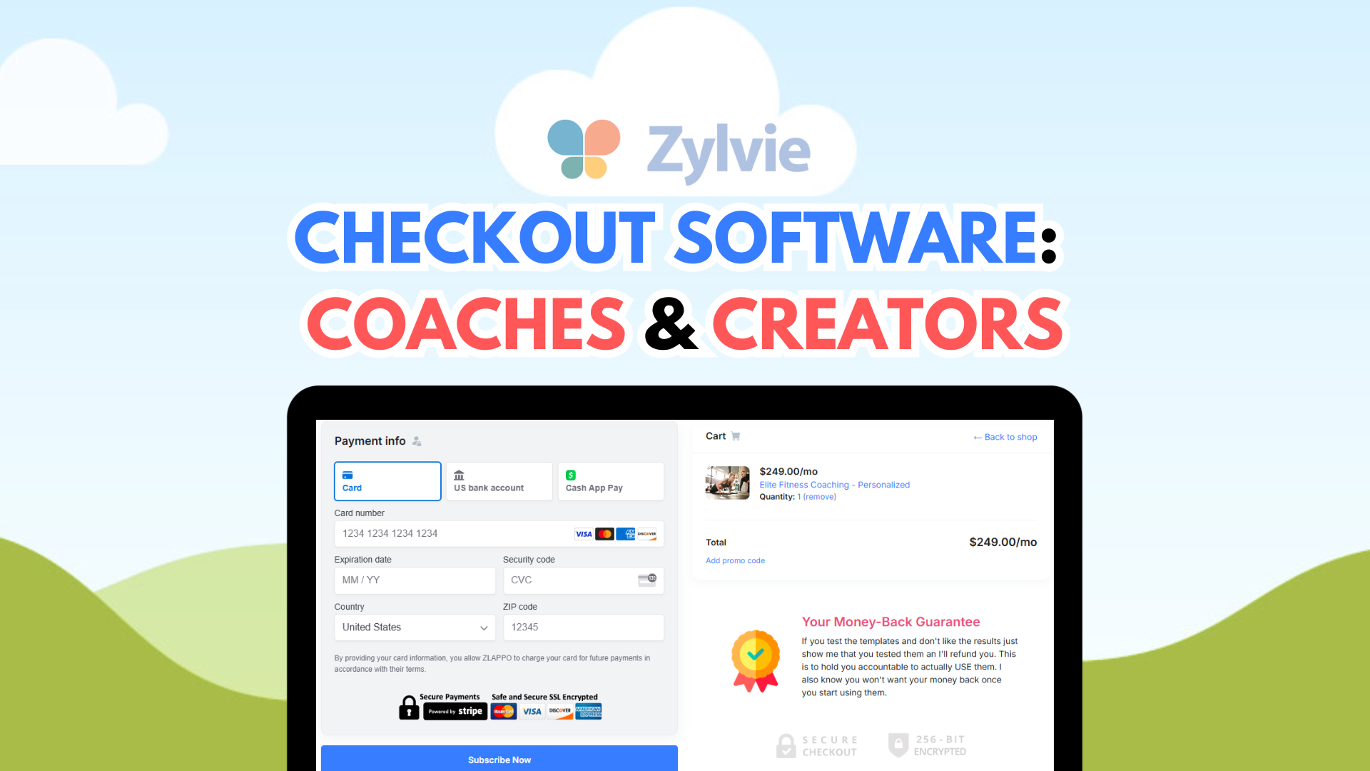 Zylvie illustre son logiciel de paiement avec un écran de commande pensé pour vendre des offres de coaching et des produits numériques. © Zylvie