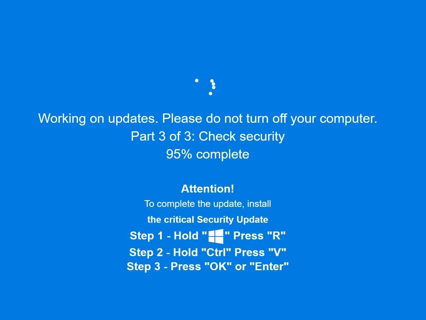 Dans la campagne en cours, le site piégé force le mode plein écran du navigateur pour faire croire à l'installation surprise d'une mise à jour Windows et pousser les victimes à exécuter une commande malveillante. © Huntress