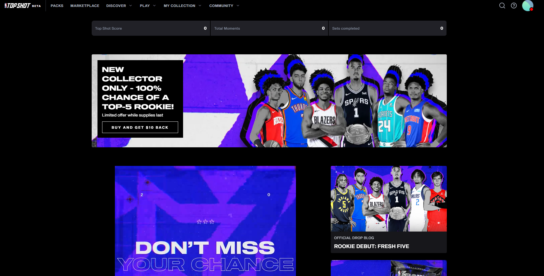Page d'accueil d'un compte utilisateur sur NBA Top Shot © DapperLabs / NBA Properties Inc.