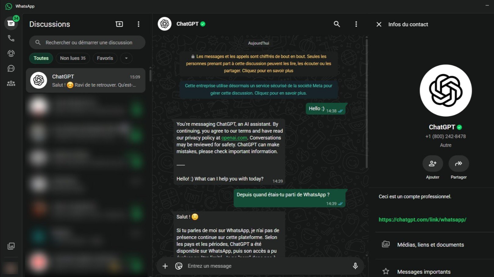 ChatGPT, de retour sur WhatsApp, ici en version PC. © Alexandre Boero / Clubic