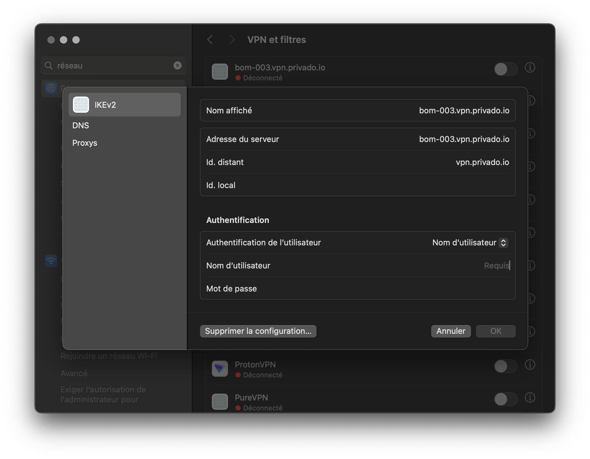 Exemple de suppression d'une configuration VPN dans macOS - © Clubic