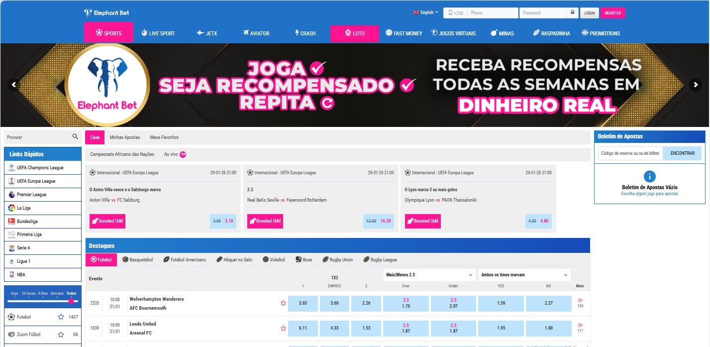 Interface principale du site Elephant Bet, une plateforme de paris sportifs en ligne proposant des cotes boostées, des paris en direct, des jeux virtuels et des mini-jeux de type loto ou crash, avec une navigation optimisée pour le marché lusophone et un accès rapide aux principales compétitions sportives internationales © Elephant Bet