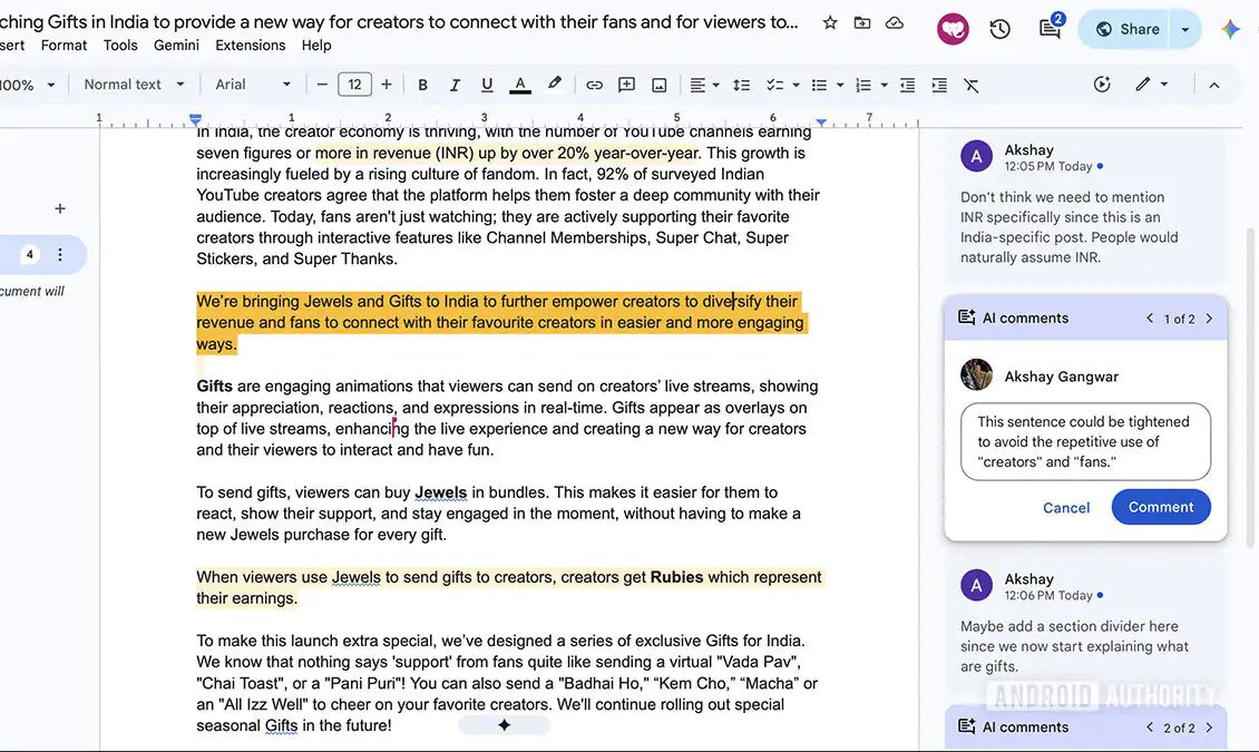 Gemini peut enregistrer des brouillons de commentaires. ©AndroidAuthority