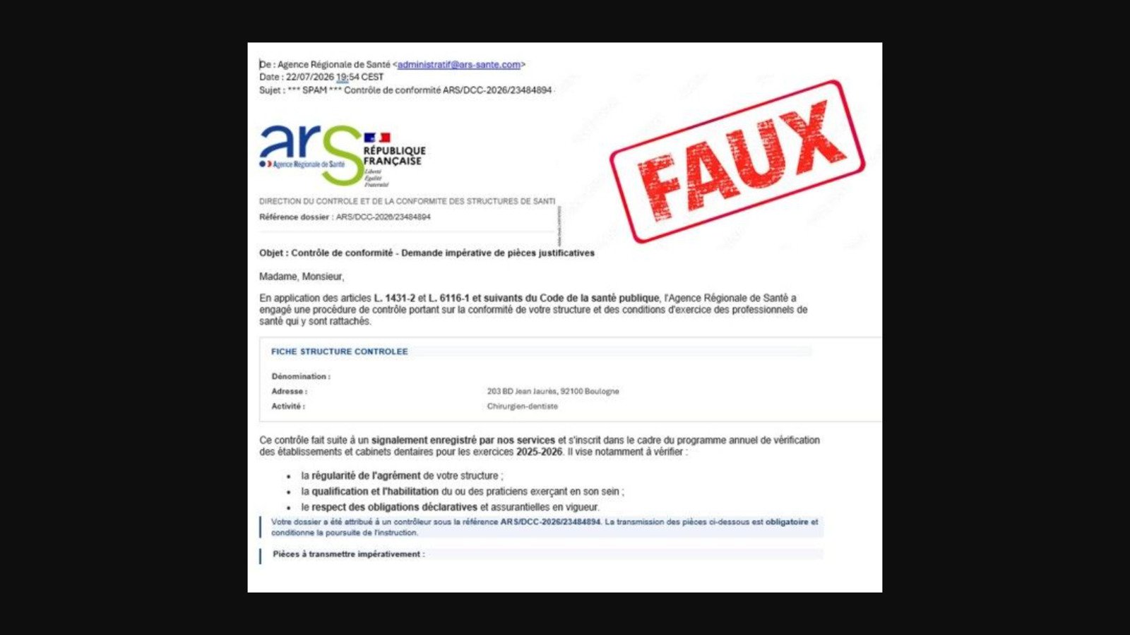Voici le faux e-mail de l'ARS qui circule, dans le cadre d'une nouvelle campagne malveillante. © ARS Île-de-France