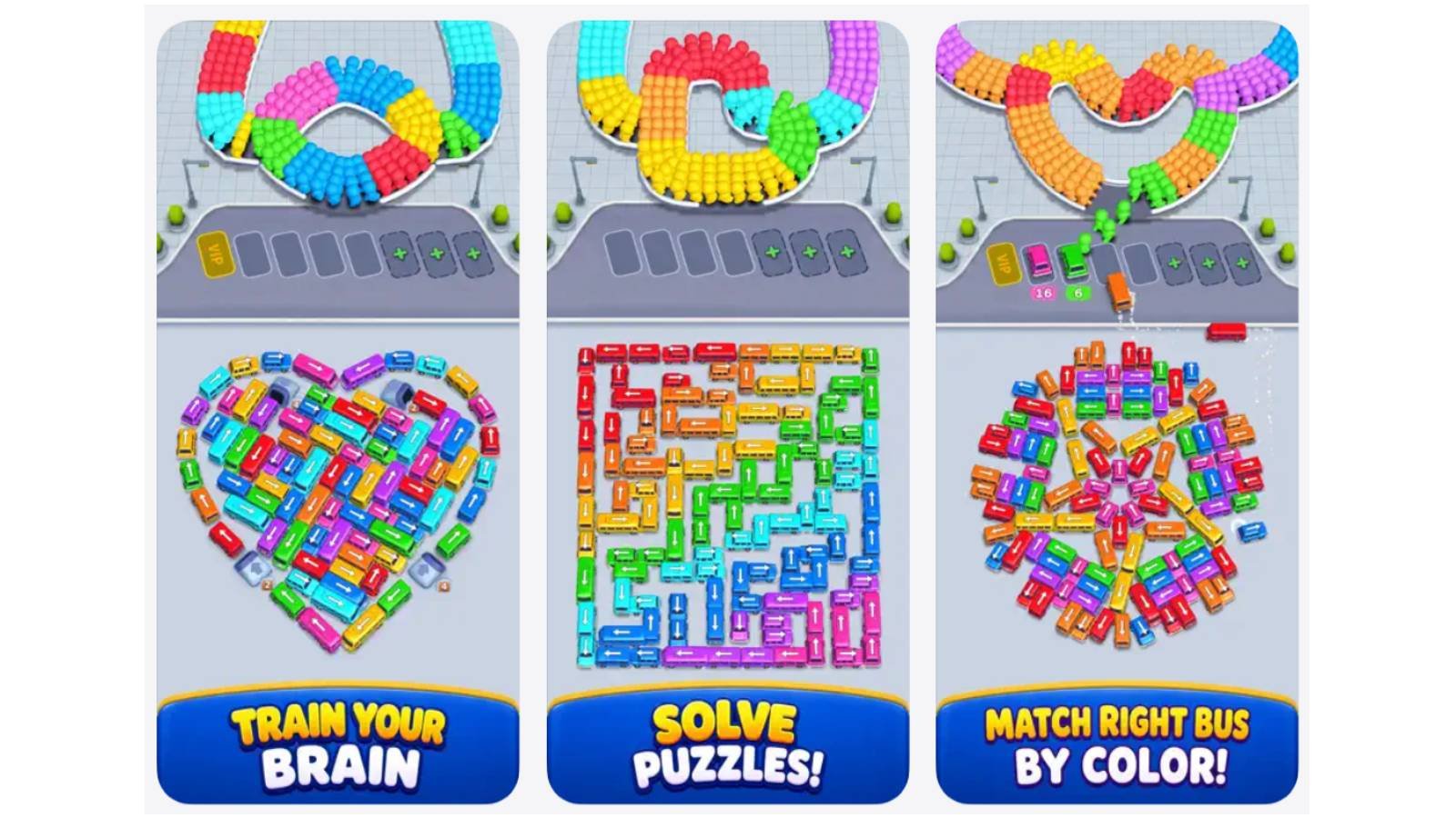 Bus Traffic Fever! est un jeu de puzzle où vous triez les couleurs et déplacez les bus pour fluidifier le trafic, récupérer les passagers et résoudre chaque niveau. © GOODROID, Inc.