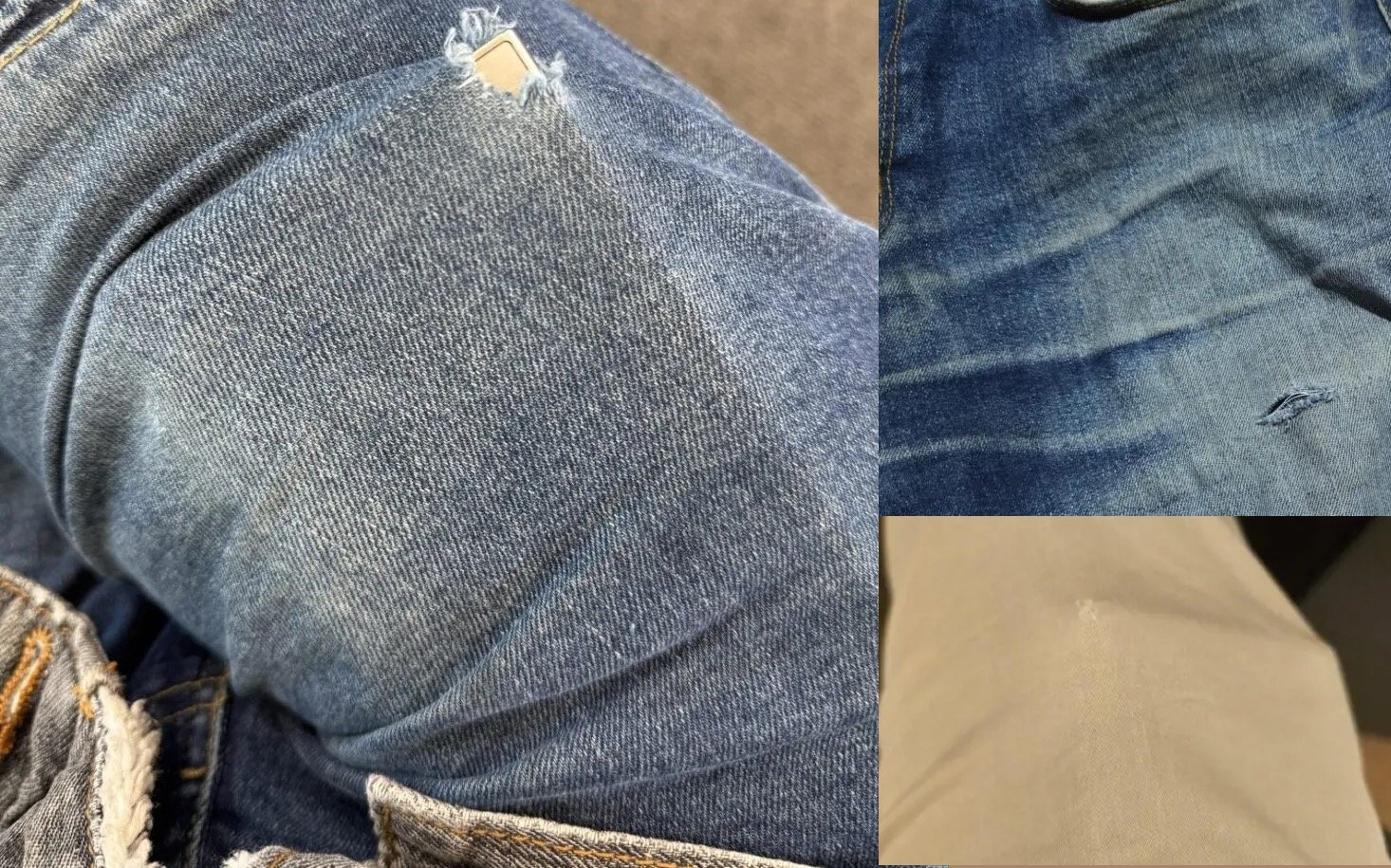 Quelques exemples de jeans arrachés par les angles du S24 Ultra © o4uXv0, Xenonoir et partyhat-red sur Reddit
