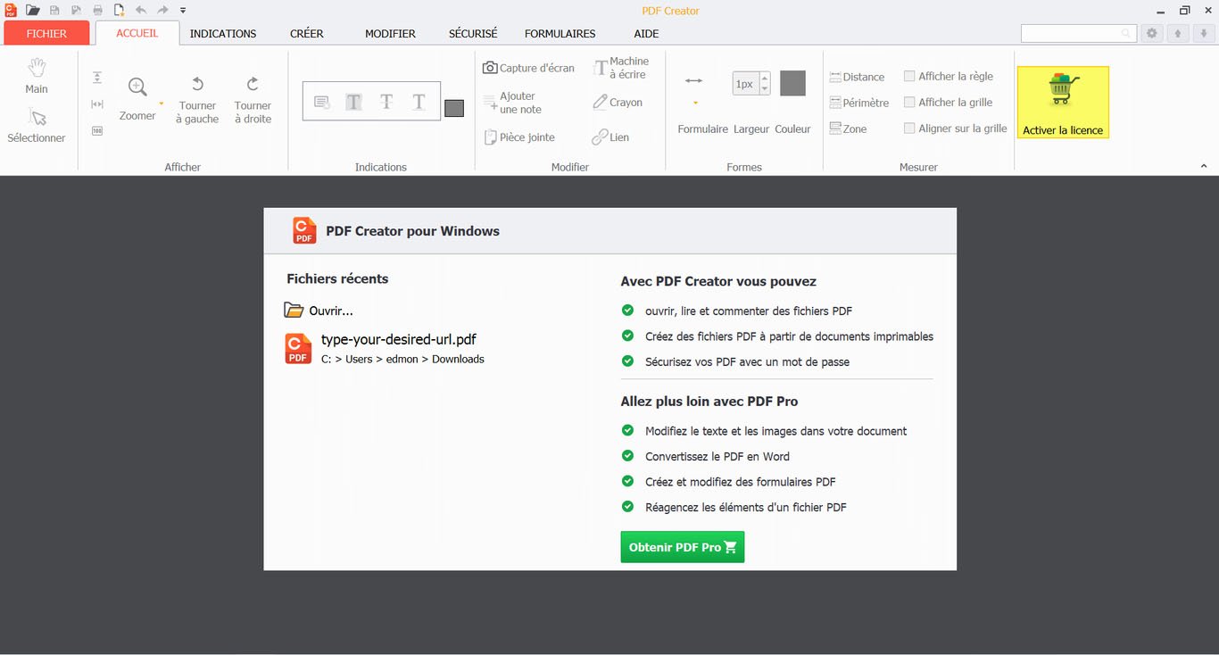 Fenêtre d’accueil de PDF Creator sous Windows, affichant les fichiers récents et les principales fonctionnalités. - © PDF Creator