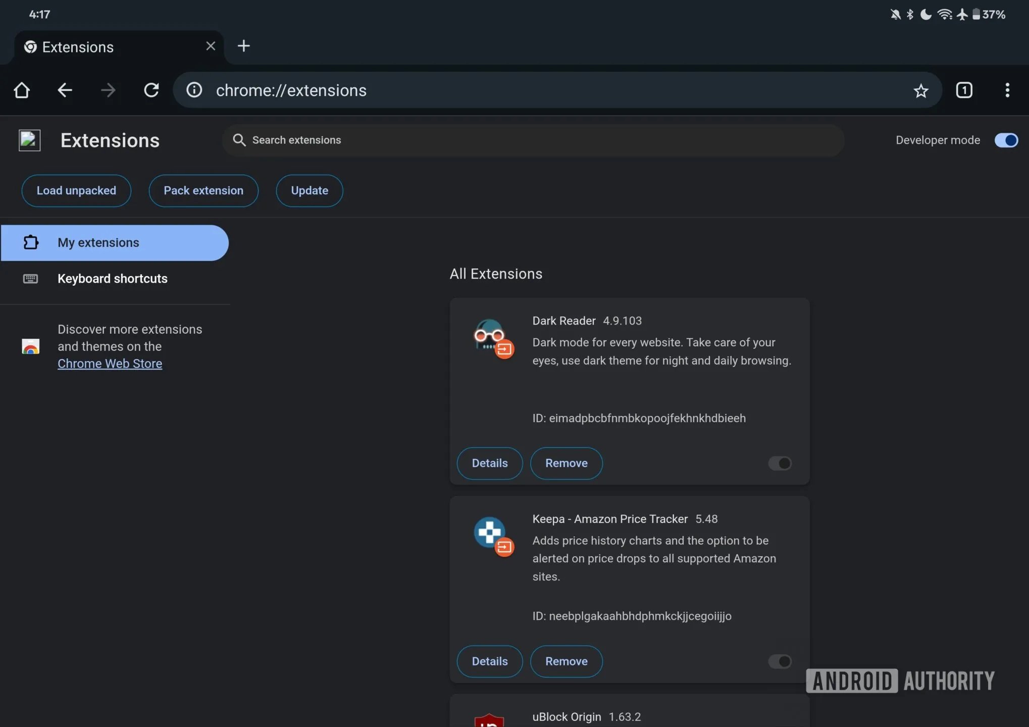 Les extensions Chrome pour Android sont disponibles à titre d'expérimentation, et nécessitent de se retrousser les manches pour les faire fonctionner correctement. © Android Authority
