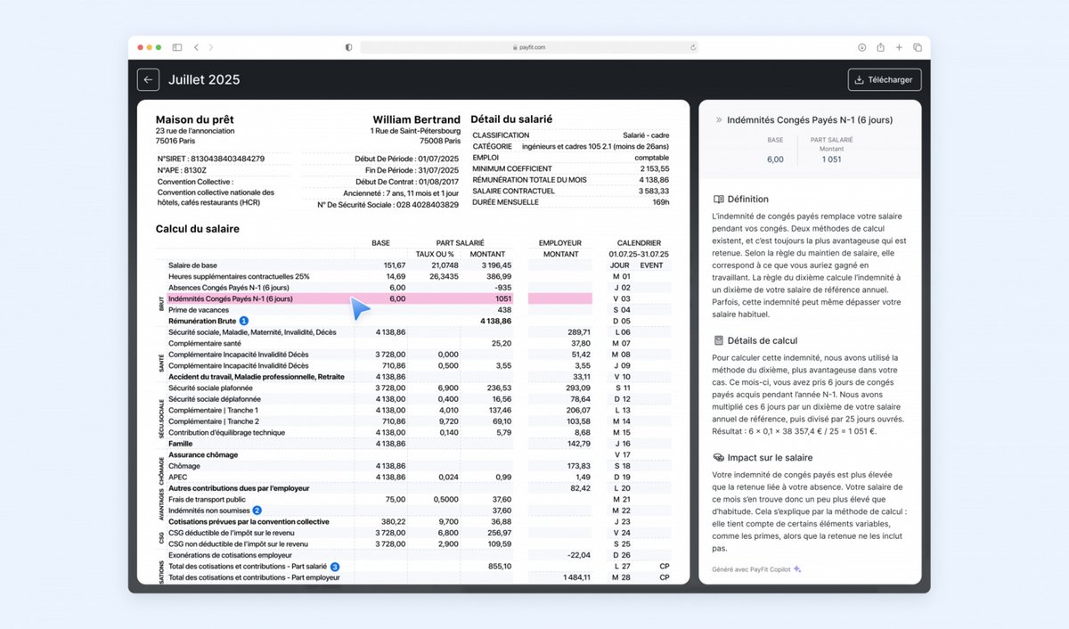 Voici à quoi ressemble plus en détails le bulletin de salaire interactif © PayFit