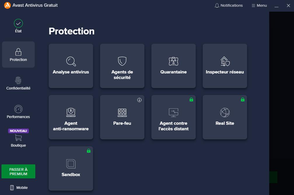 La section Protection d'Avast détaille les différents outils de sécurité à disposition, de l'analyse antivirus à la fonction Sandbox, pour une couverture complète.