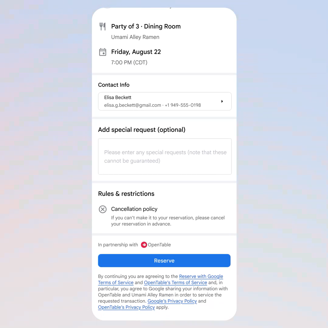Le AI Mode de Google vous aidera à réserver votre prochain resto (enfin, sauf si vous êtes en France). © Google