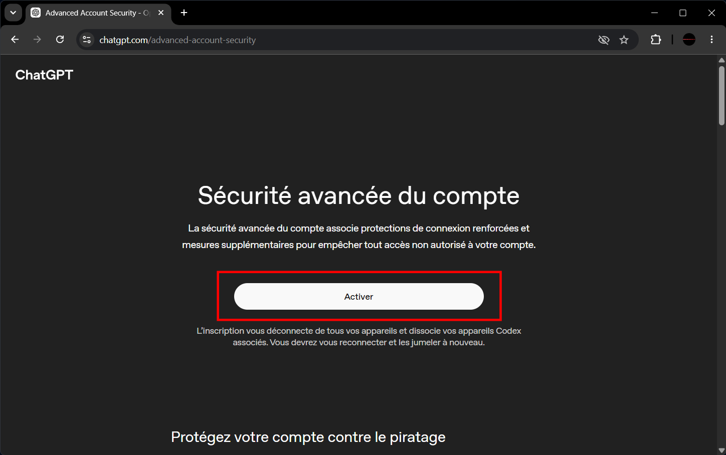 Confirmez l'activation de la sécurité avancée du compte ChatGPT. © Clubic