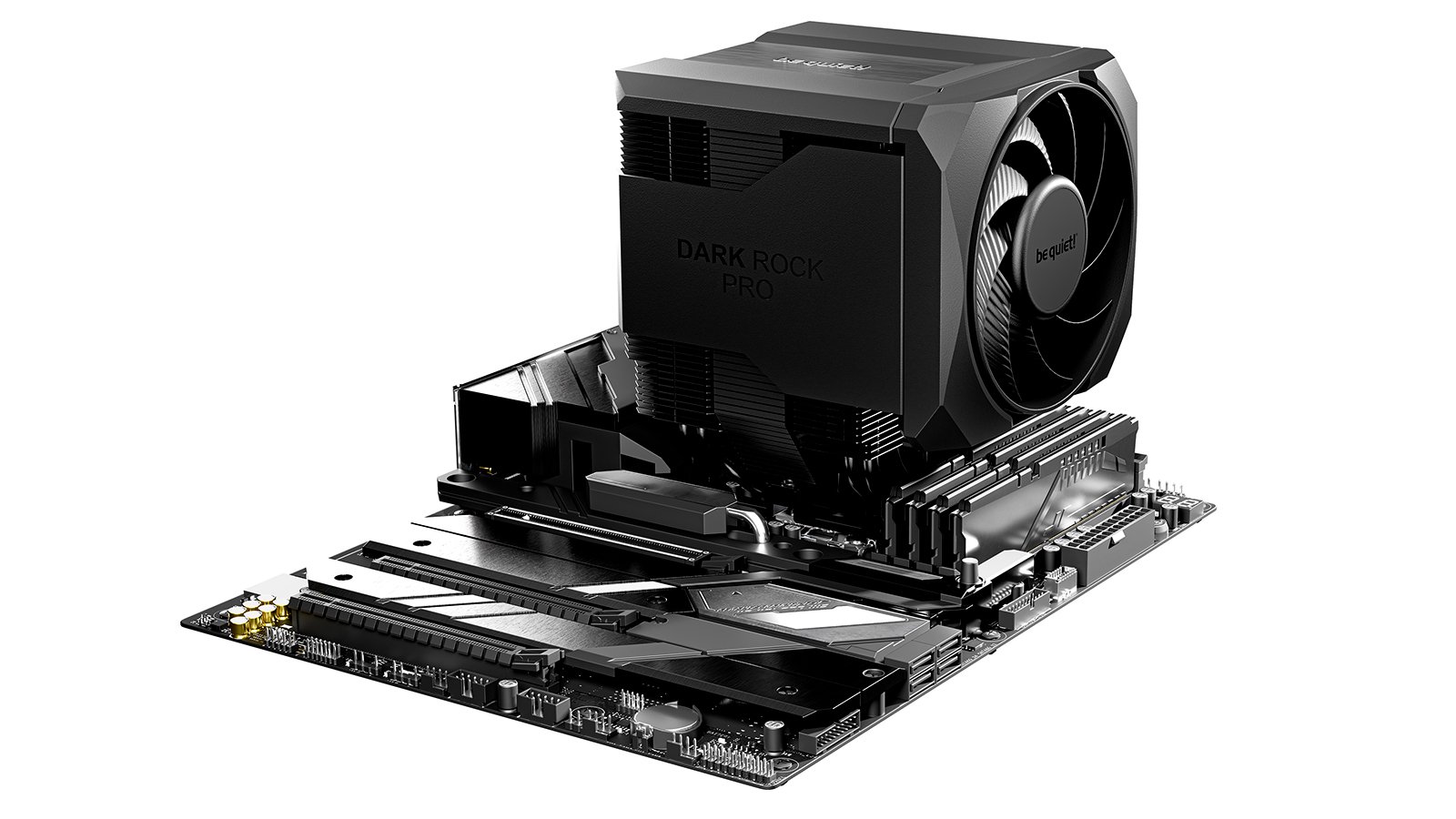 Le ventilateur avant sur rails s'ajuste en hauteur, et des découpes dans les ailettes libèrent de l'espace ©be quiet!
