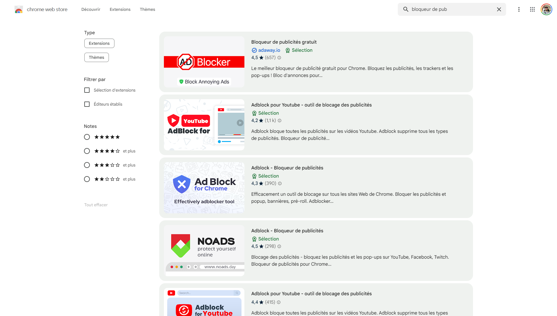 Certains des bloqueurs de publicités sur Google Chrome. © Clubic