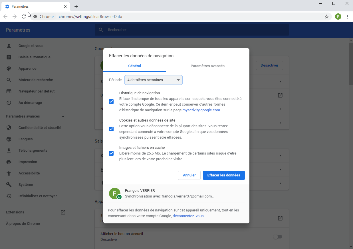 Suppression des données de navigation sur Chrome