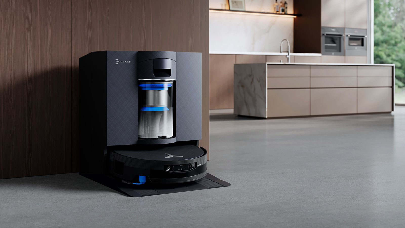 Après chaque nettoyage, l'appareil regagne automatiquement sa base pour vider son bac et laver ses serpillières. ©Ecovacs