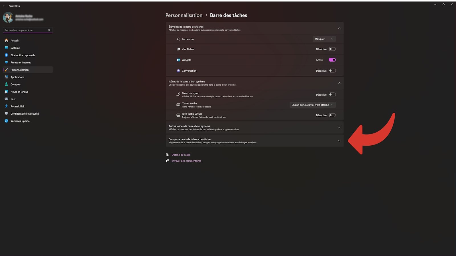 Menu de personnalisation de la barre des tâches Windows 11