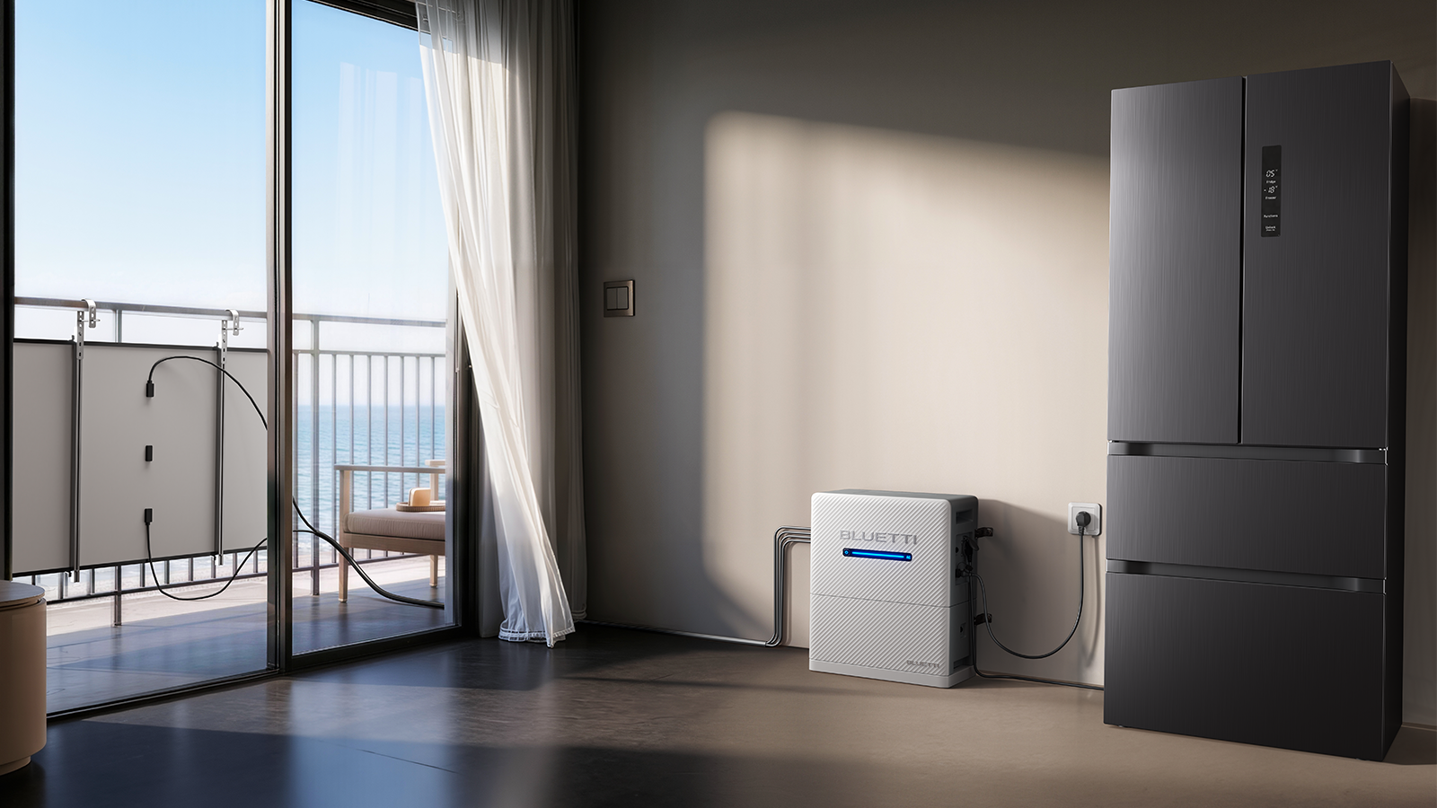 Le Balco 260 se branche simplement sur une prise et l’énergie solaire alimente le logement automatiquement. ©Bluetti