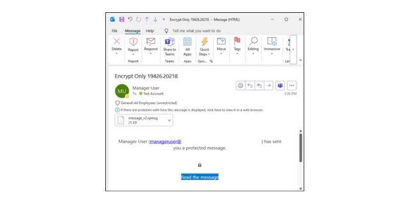 La dernière version d'Outlook classique ne parvient plus à traiter correctement les messages chiffrés à partir du mode "Encrypt only". © Microsoft