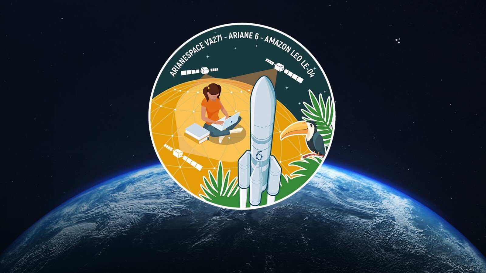L’écusson de la mission VA271/LE-04, qui verra Ariane 6 emporter 36 satellites Amazon Leo vers l’orbite basse, le 23 novembre au plus tôt. © Arianespace