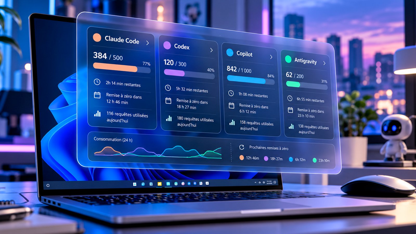 AI Limits centralise les quotas des assistants de programmation IA dans un widget Windows 11 pour suivre leur consommation et leur réinitialisation - © Axel Reghis | Générée par IA via OpenAI
