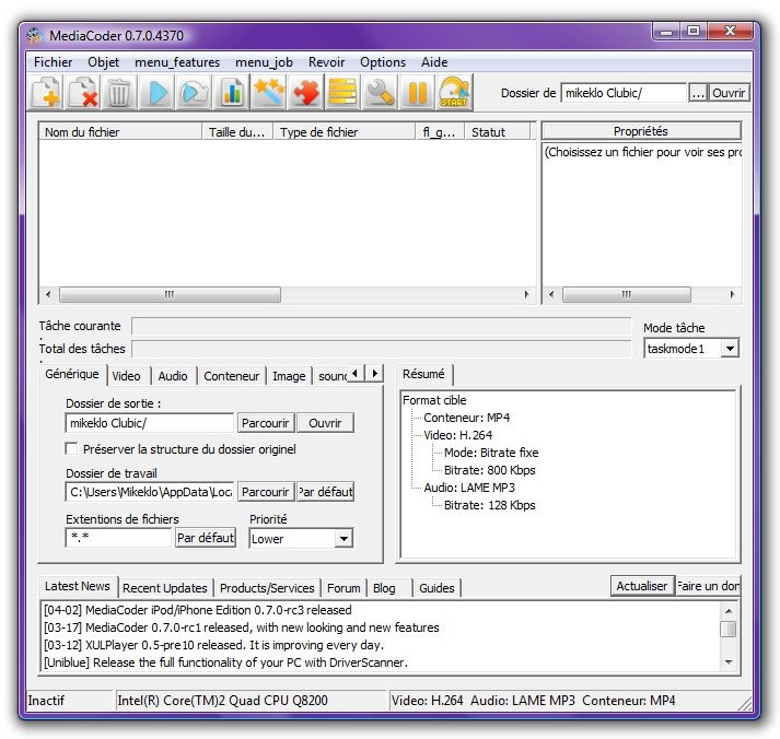  Interface utilisateur de MediaCoder montrant le processus de transcodage vidéo avec des options de formatage détaillées et des statistiques en direct.