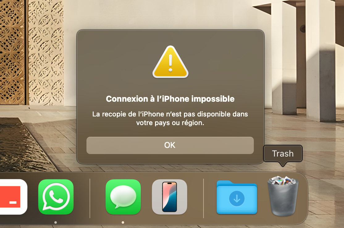 Tenter d'ouvrir la recopie de l'iPhone sur un Mac en Europe résulterat en cette erreur. © Clubic