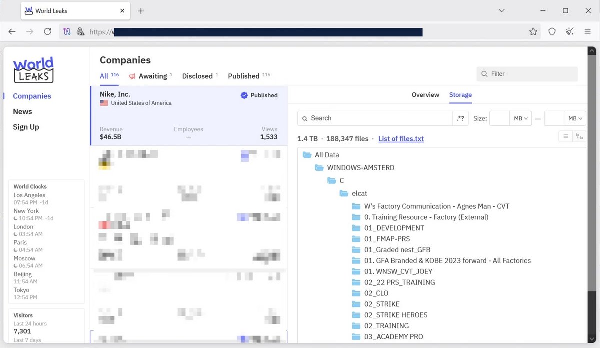 Les documents que World Leaks affirme avoir dérobés à Nike ont brièvement été publiés sur un site de leaks avant de disparaître. © BleepingComuter