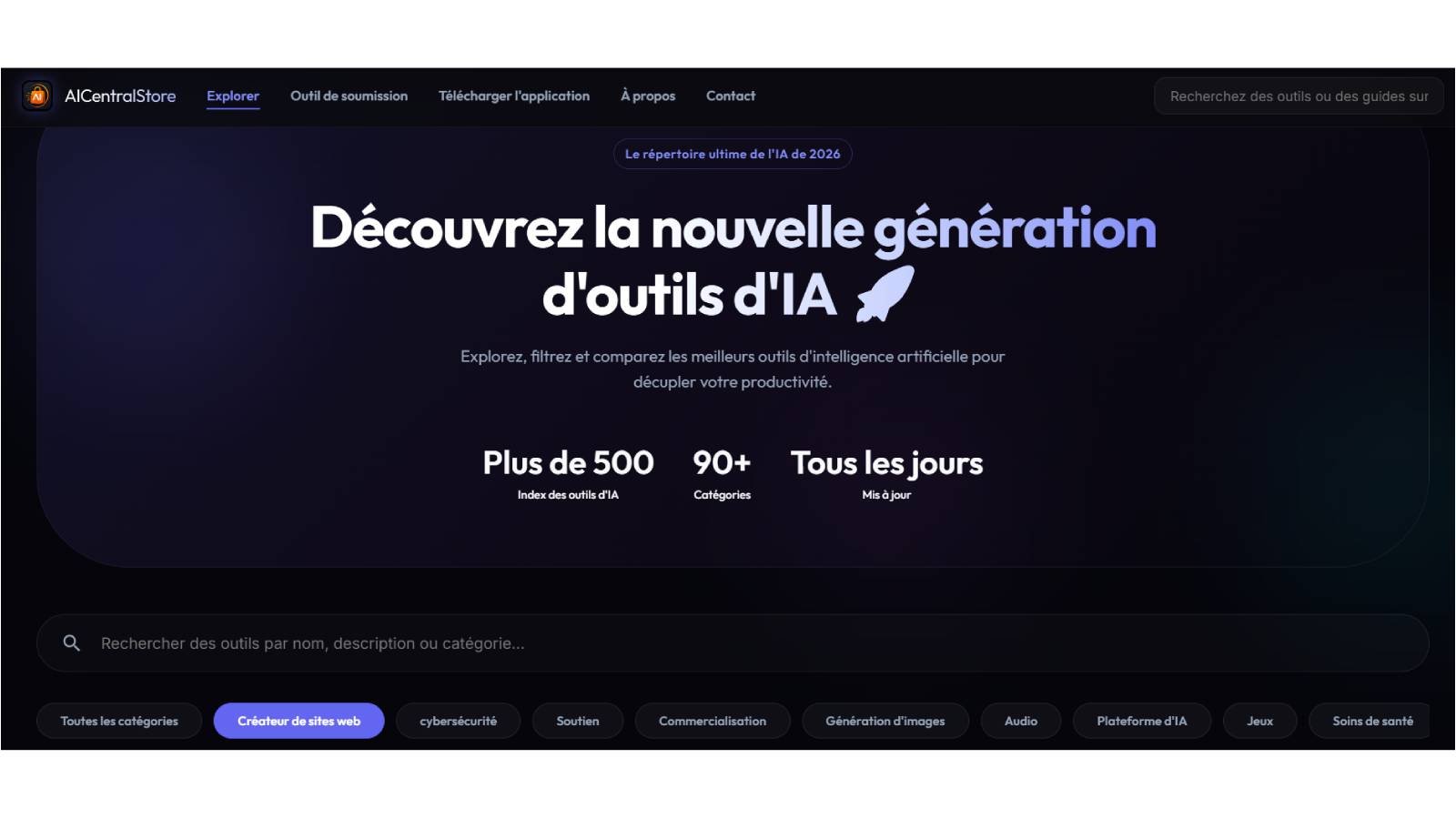 AICentralStore rassemble de nombreux outils d'intelligence artificielle. Vous pouvez y découvrir, comparer et explorer des solutions pour la création de contenu, le développement, le marketing, la productivité ou encore les entreprises. © AICentralStore
