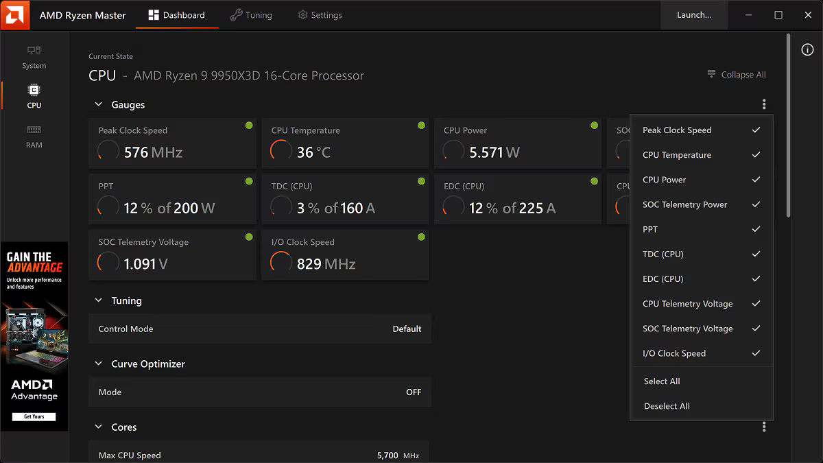 Voici le tableau de bord du programme AMD Ryzen Maste. Cet outil permet de surveiller en temps réel la fréquence du processeur, la température, la consommation électrique, les limites de puissance ainsi que la vitesse des cœurs.