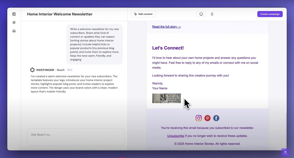 Demandez de l'aide à l'IA pour créer vos newsletters. ©Hostinger