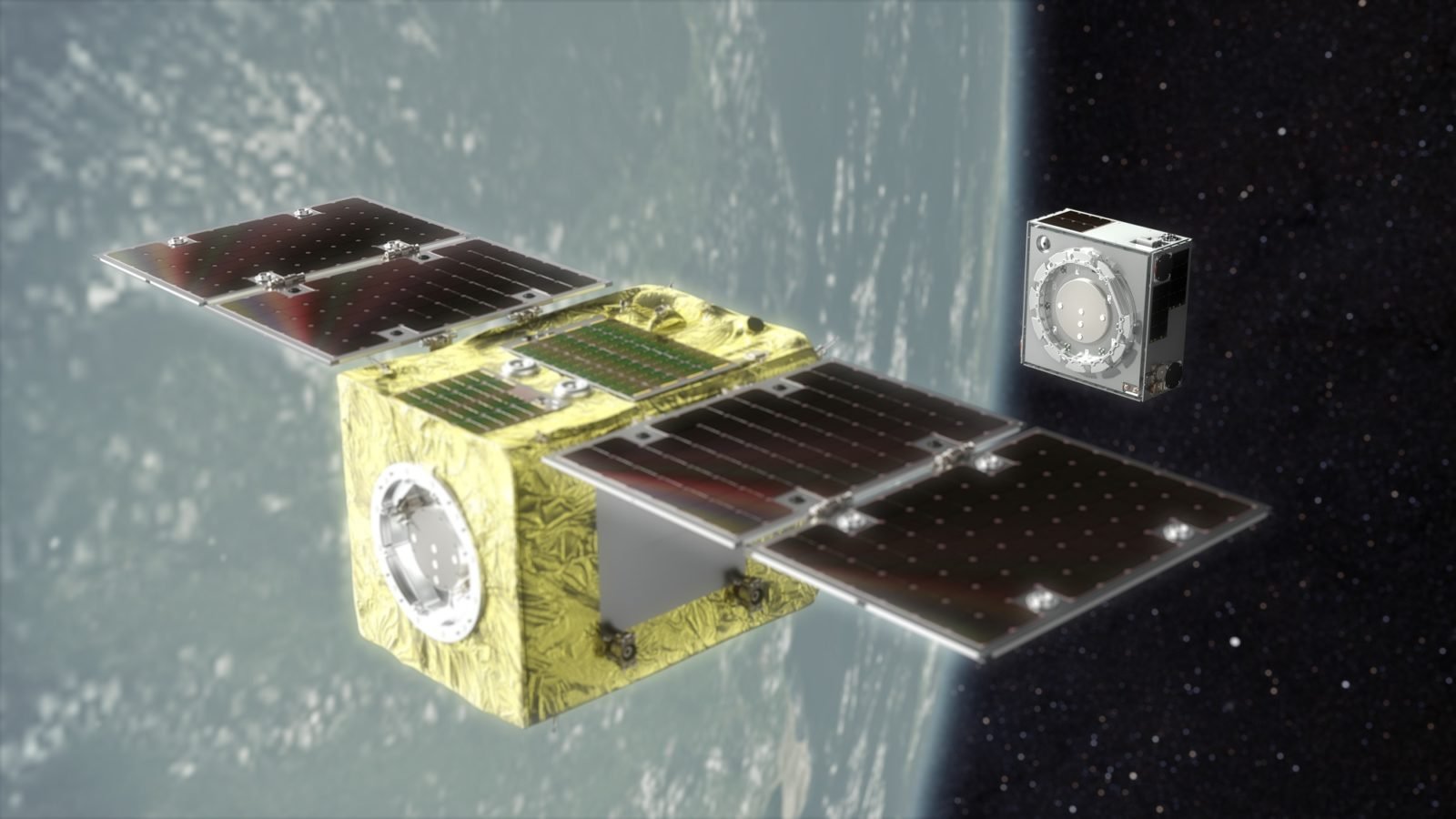 Rendu 3D du vaisseau ELSA-d d'Astroscale s'approchant d'un débris. ©Astroscale