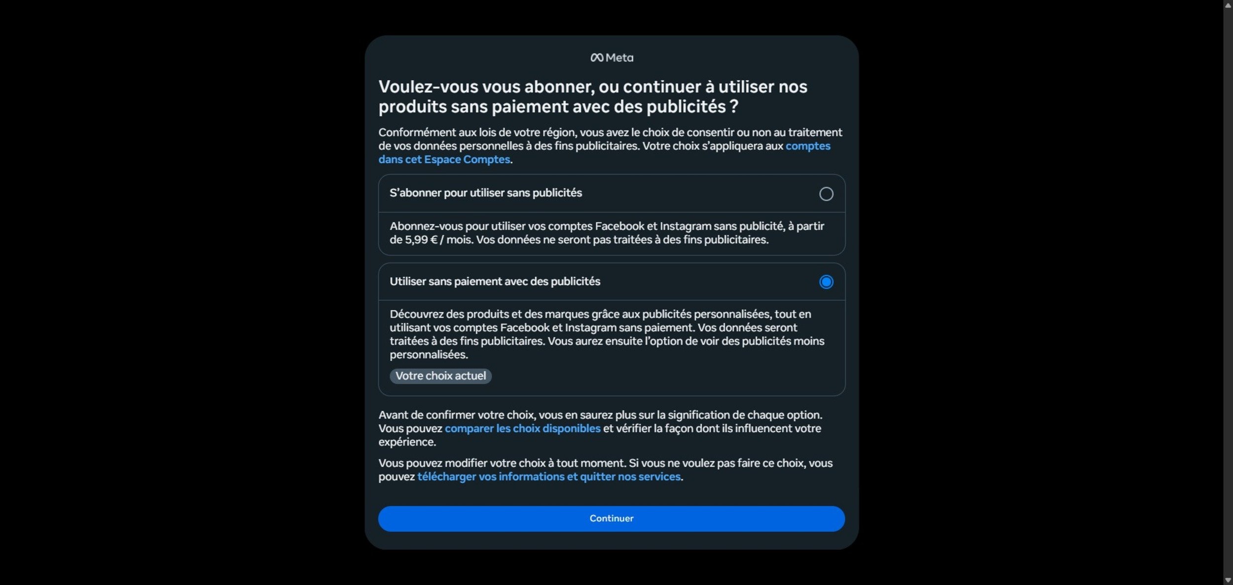 Voici le choix cornélien proposé par Meta à ses utilisateurs © Alexandre Boero / Clubic