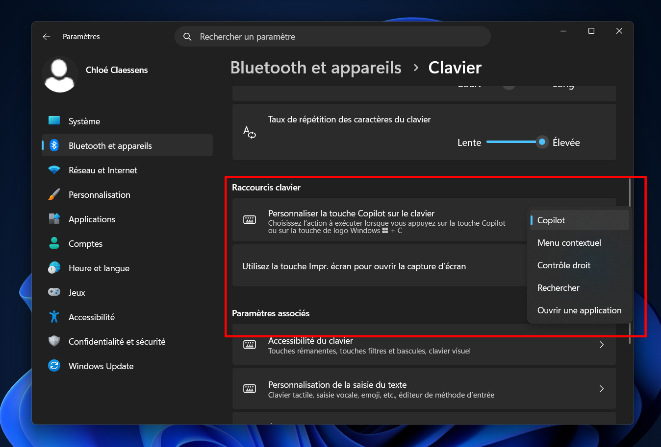 Windows 11 permet de réaffecter la touche Copilot à Contrôle droit ou au Menu contextuel. © Clubic