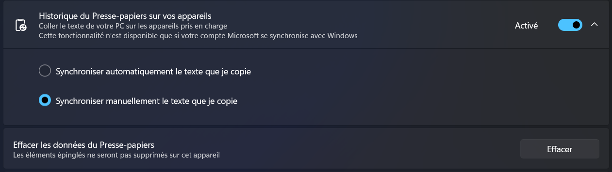 Si vous activez la synchronisation du presse-papiers avec votre compte Microsoft, vous pouvez choisir les modalités de partage automatique ou manuel. © Clubic