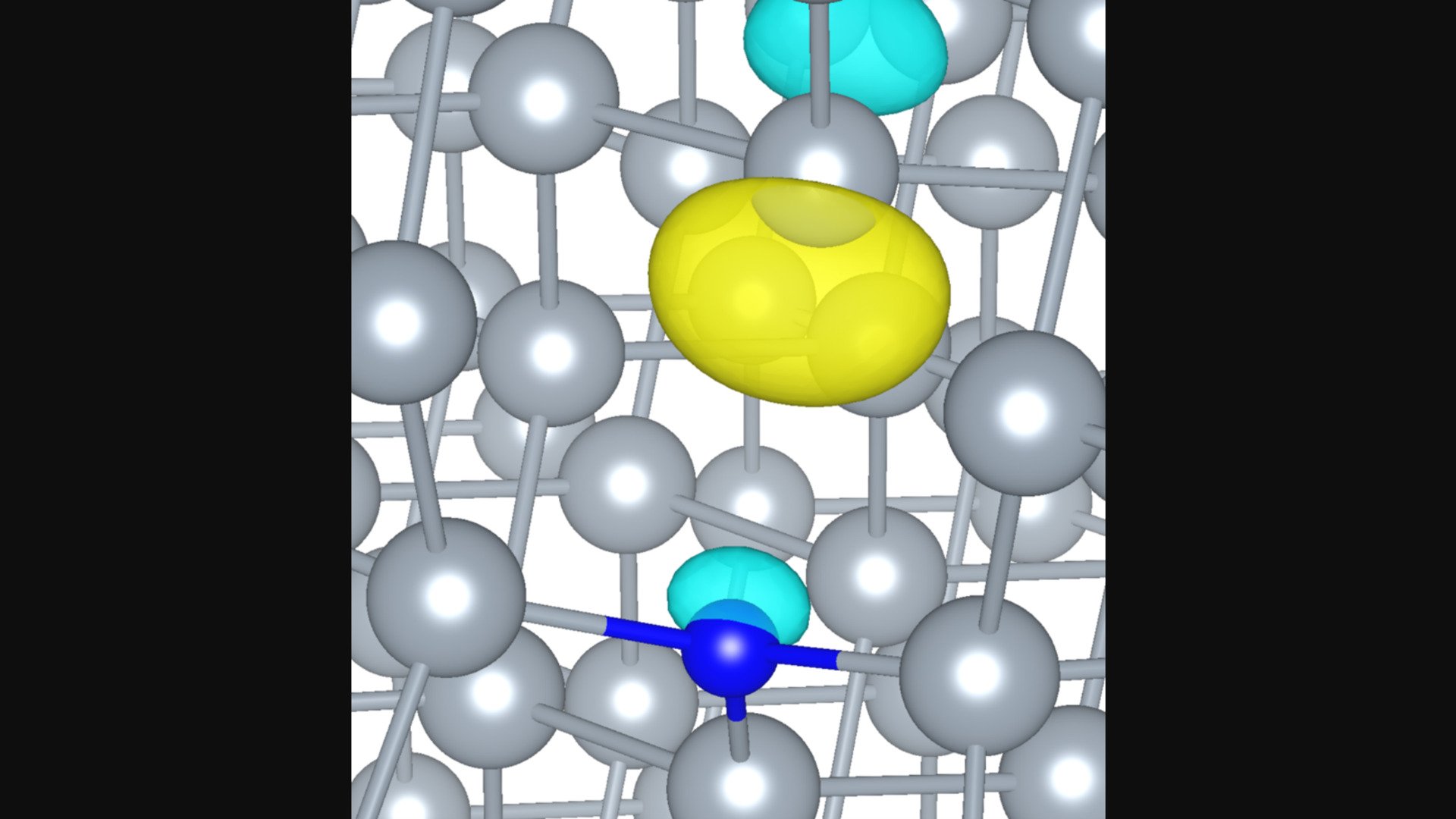 Isosurface de densité de spin du défaut d’azote en position substitutionnelle dans le silicium. L’électron non apparié est principalement localisé sur la liaison pendante de l’atome de silicium le long de la direction, avec une contribution plus faible sur l’atome d’azote. © Simone Fioccola, LAAS-CNRS