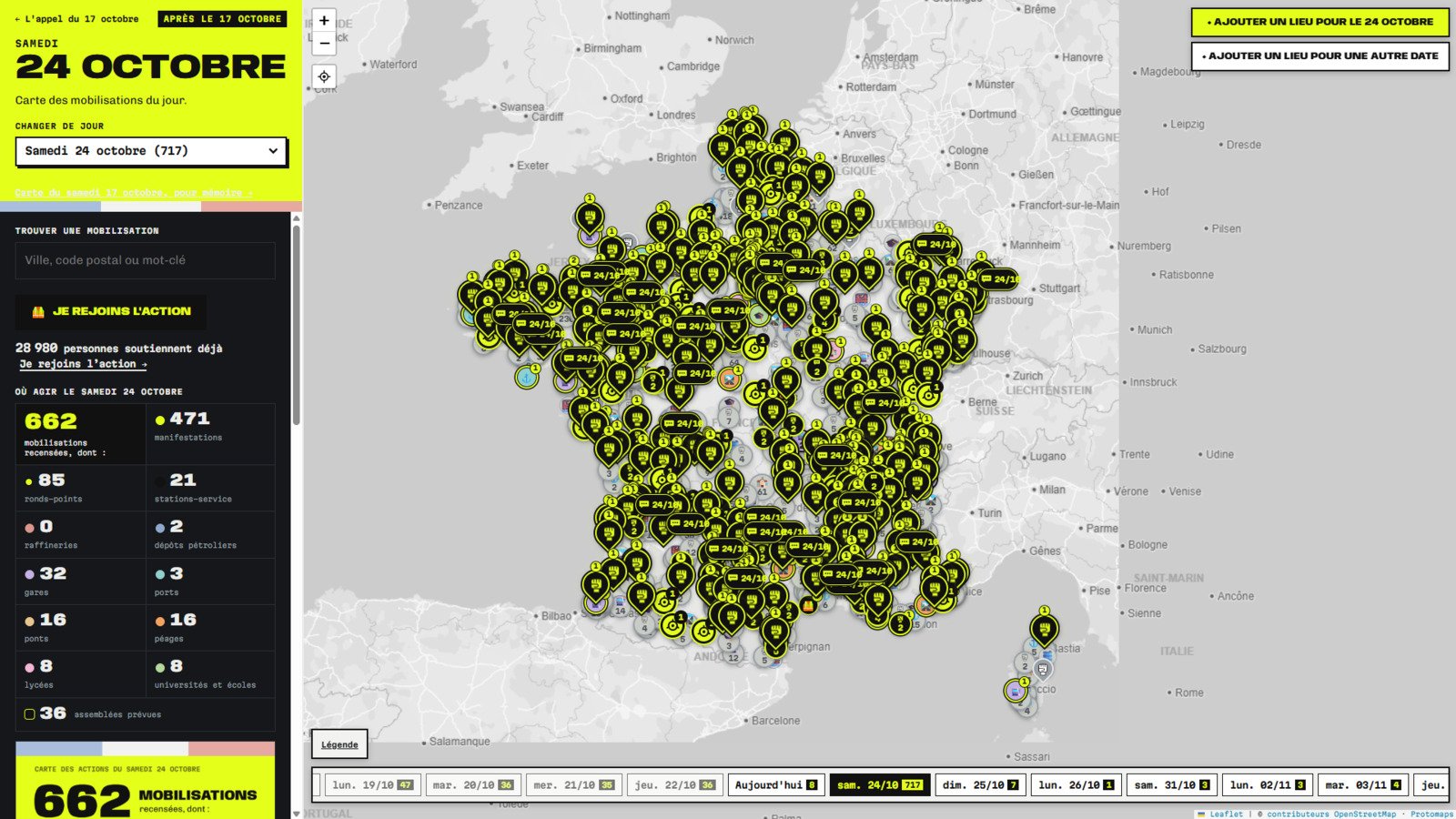La carte des gilets jaunes, avant le 24 octobre 2026. © Capture d'écran Alexandre Boero / Clubic