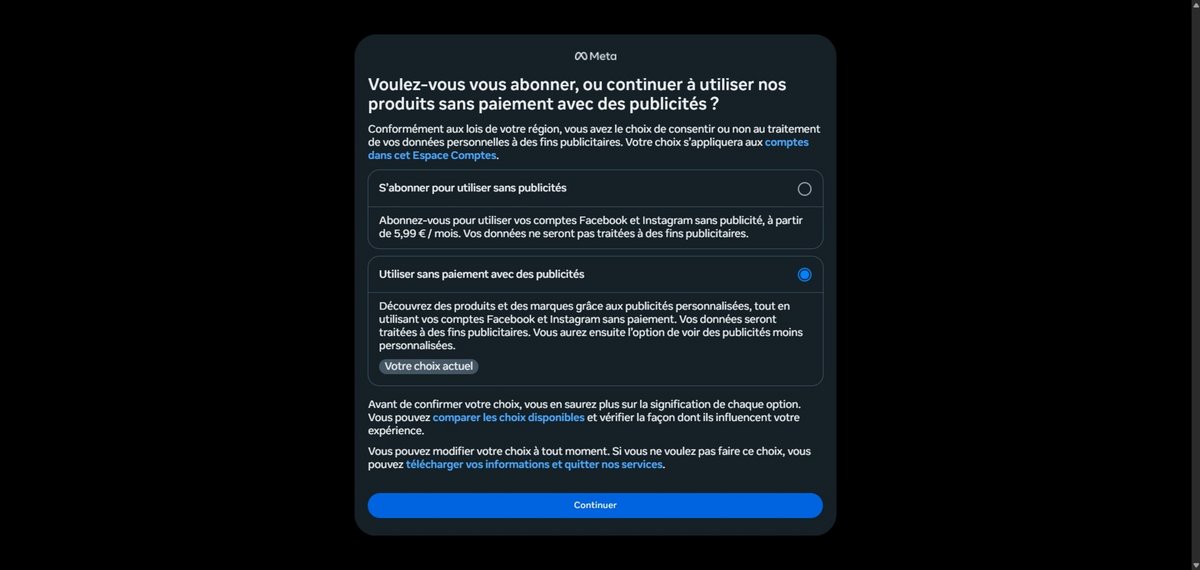 Voici le choix cornélien proposé par Meta à ses utilisateurs © Alexandre Boero / Clubic