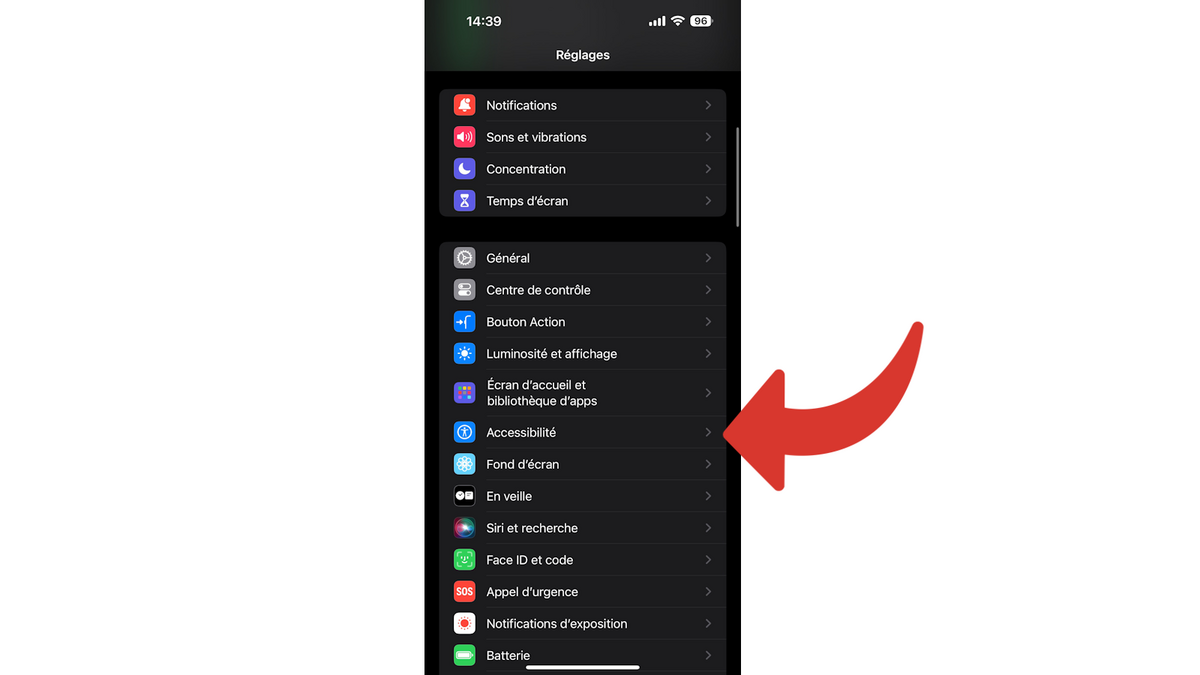Paramètres d'Accessibilité de l'iPhone