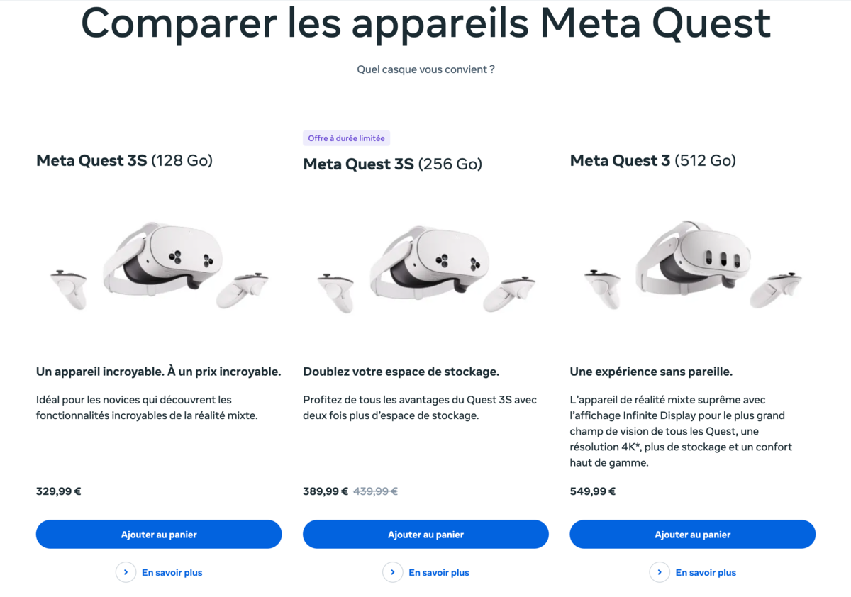 La gamme Meta Quest en janvier 2025.  © Meta