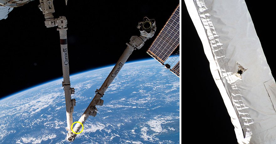 L'impact sur le Canadarm-2 est clairement visible sur ces clichés. Crédits : ASC/CSA