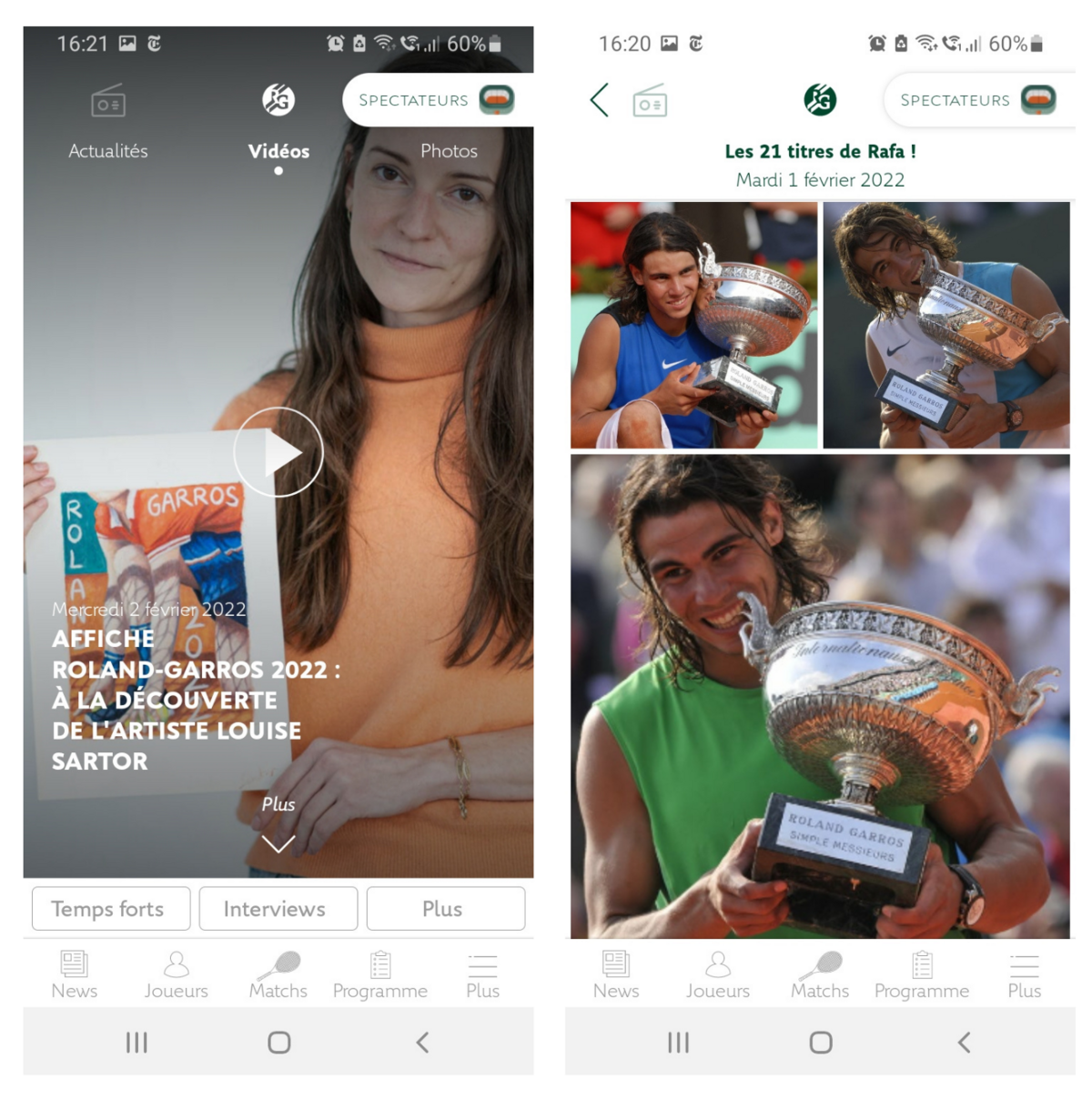Captures d'écran du test de l'application officielle Roland Garros (1)