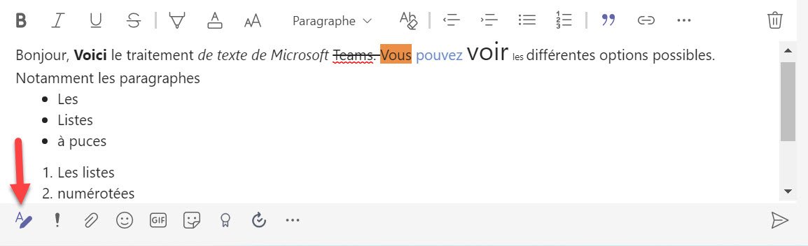 Différentes options du traitement de texte sur Teams après avoir cliqué sur le "A"