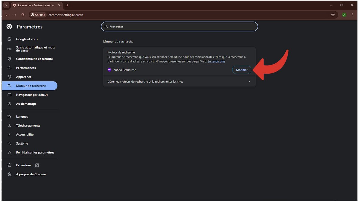 Ici, Yahoo Search est le moteur de recherche de Google Chrome par défaut © Axel Reghis pour Clubic