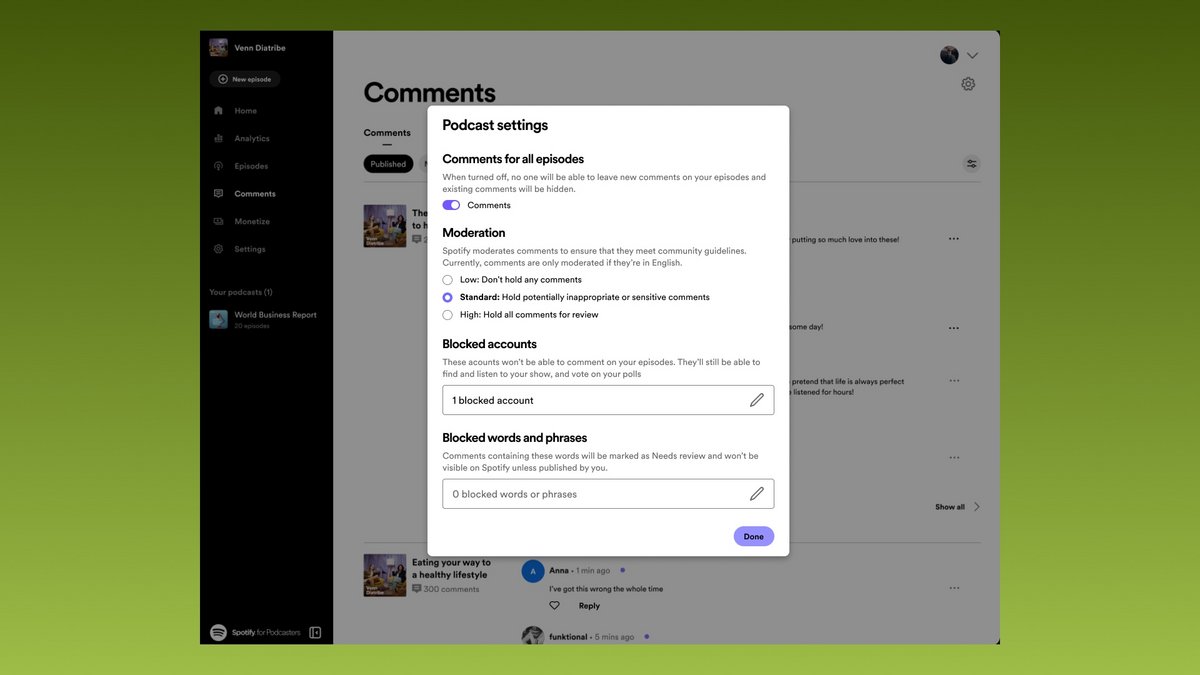 Réglez le niveau de modération automatique des commentaires © Spotify