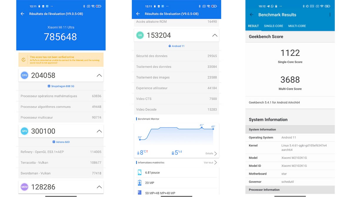 Benchmarks de l'iPhone 13 Pro à gauche, du Xiaomi Mi 11 Ultra à droite.