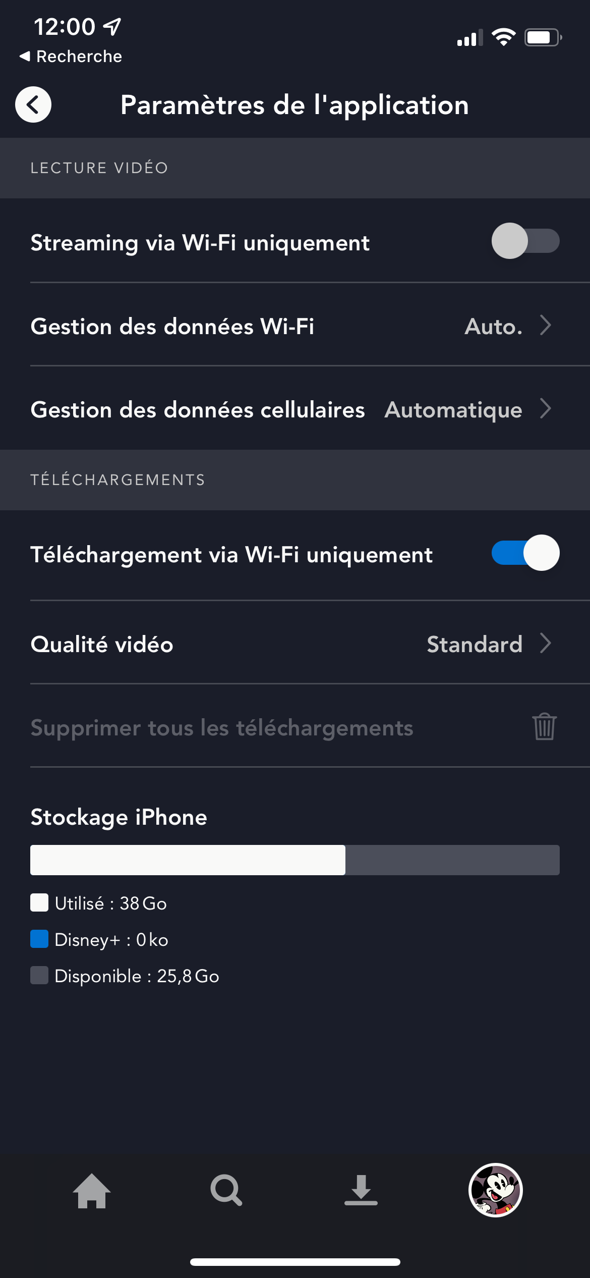 Disney+ - Les paramètres sur mobile