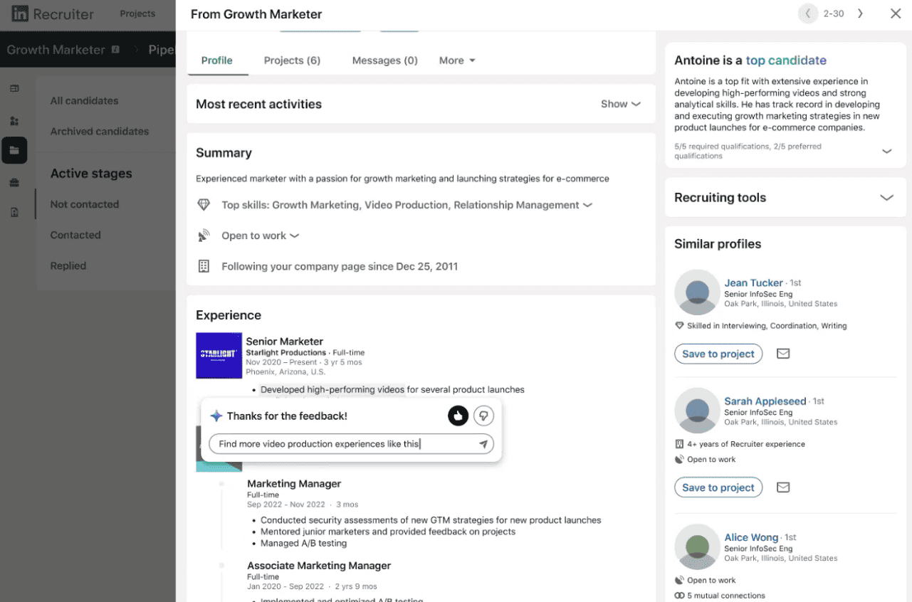 L'assistant peut, entre autres, résumer des profils avec les informations les plus importantes comme les compétences et la disponibilité © LinkedIn