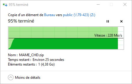 Performances mesurées en copie de fichiers sous Windows 10 en RAID 5 @ 2,5 GbE © Nerces